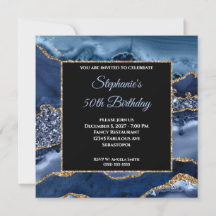 Invitation Fête d'anniversaire 50 ans Navy Agate Gold Glitter