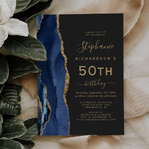 Invitation Fête d'anniversaire 50 ans Navy Blue Gold Agate Da