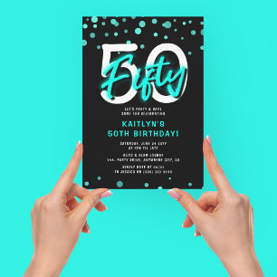 Invitation Fête d'anniversaire 50 ans Neon Teal Thirty