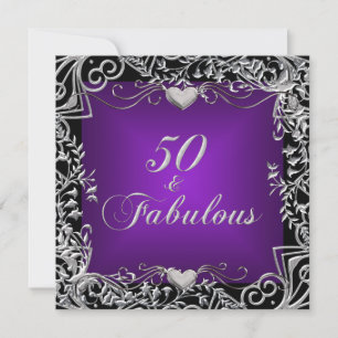 Invitation Fête d'anniversaire 50 ans Noir Argent Violet fonc