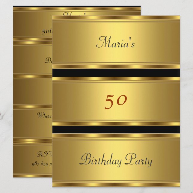 Invitation Fête d'anniversaire 50 ans Or Noir (Devant / Derrière)