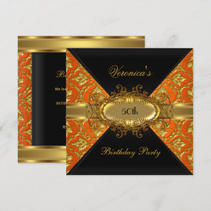 Invitation Fête d'anniversaire 50 ans Orange Or Noir Damassé