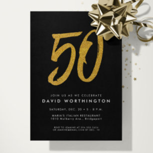 Invitation fête d'anniversaire 50 ans paillettes or faux noir