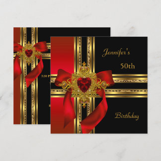 Invitation Fête d'anniversaire 50 ans Rouge Or Coeur Bijou