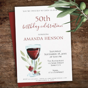 Invitation Fête d'anniversaire 50 ans vin rouge aquarelle