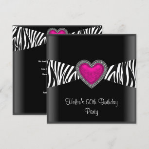 Invitation Fête d'anniversaire 50 ans Zèbre rose Cœur Noir Bl