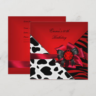 Invitation Fête d'anniversaire 50ème Zèbre Vache Rouge Noir B