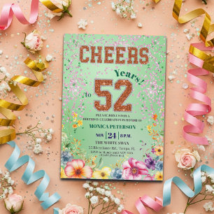 Invitation Fête d'anniversaire 52 ans Floral Paillettes Émera