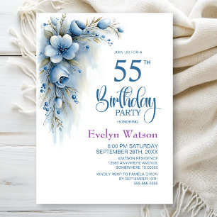 Invitation Fête d'anniversaire 55 ans Blue Floral