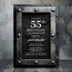 Invitation Fête d'anniversaire 55 ans cadre argent ardoise no