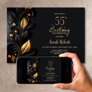 Invitation Fête d'anniversaire 55 ans Feuilles Noires et Doré