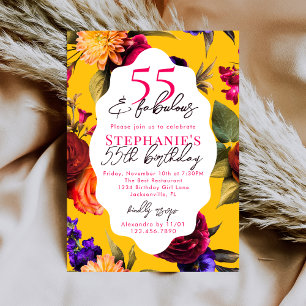 Invitation Fête d'anniversaire 55 ans Jaune Floral 55 & Fabul