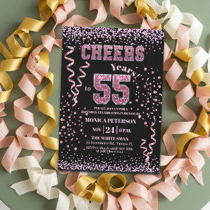 Invitation Fête d'anniversaire 55 ans Strass Rose Pailleté