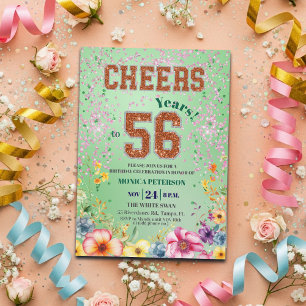Invitation Fête d'anniversaire 56 ans Floral Pailleté Émeraud