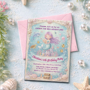 Invitation Fête d'anniversaire 5 ans de la Sirène Violet sous