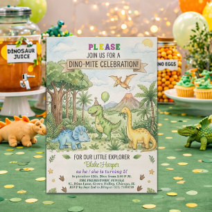 Invitation Fête d'anniversaire 5 ans Dinosaures Aquarelle Vol