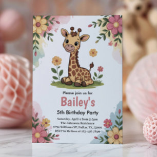 Invitation Fête d'anniversaire 5 ans Fleurs Enfant Girafe Jun