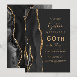 Invitation Fête d'anniversaire 60 ans Black Gold Agate Dark
