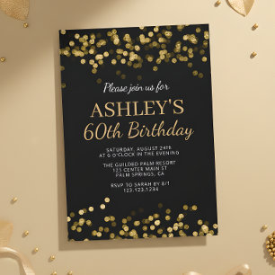 Invitation Fête d'anniversaire 60 ans Black Gold Bokeh