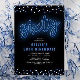 Invitation Fête d'anniversaire 60 ans Bleu Néon Adulte