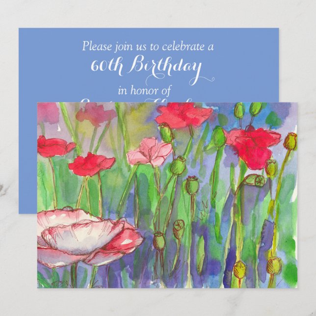 Invitation Fête d'anniversaire 60 ans Coquelicots Aquarelle F (Devant / Derrière)