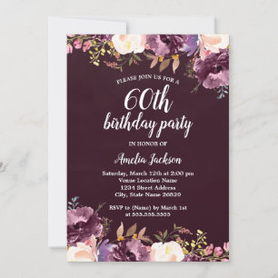 Invitation Fête d'anniversaire 60 ans Fleur pourpre aquarelle