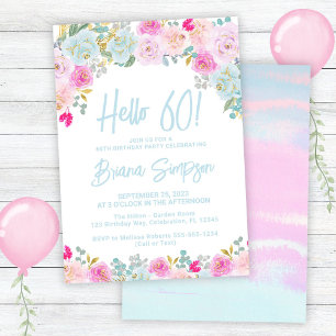 Invitation Fête d'anniversaire 60 ans Floral Bleu Rose Pêche 