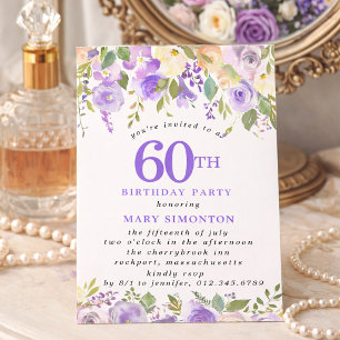 Invitation FÊTE D'ANNIVERSAIRE 60 ans PETITE Rose Fleur Viole