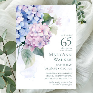 Invitation Fête d'anniversaire 65 ans aux Hydrangeas Rose Ble