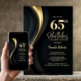 Invitation Fête d'anniversaire 65 ans noir et or