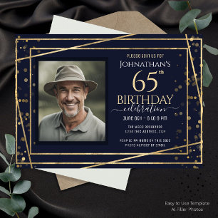 Invitation Fête d'anniversaire 65 ans Photo Or Bleu 