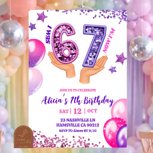 Invitation Fête d'anniversaire 67 ans main paillettes rose vi