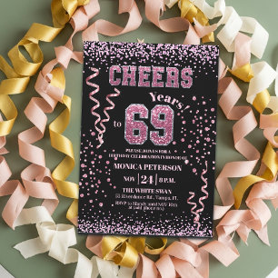 Invitation Fête d'anniversaire 69 ans Strass Rose Paillettes