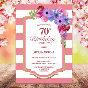 Invitation Fête d'anniversaire 70 ans à rayures roses florale