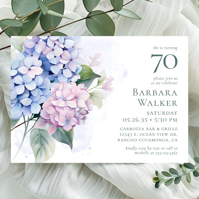 Invitation Fête d'anniversaire 70 ans aux Hydrangeas Bleu Ros (Créateur téléchargé)