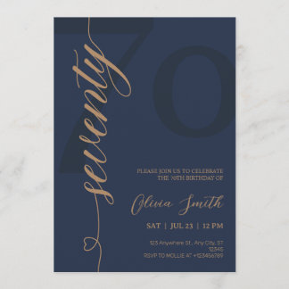 Invitation Fête d'anniversaire 70 ans Bleu Nuit & Or Moderne