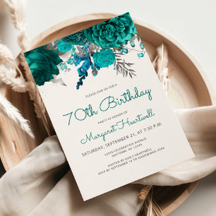 Invitation Fête d'anniversaire 70 ans Floral Bleu Turquoise A