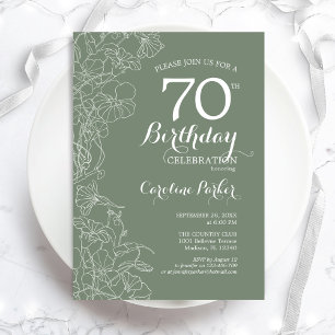 Invitation Fête d'anniversaire 70 ans Floral Vert Sauge
