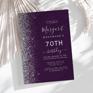 Invitation Fête d'anniversaire 70 ans Paillettes Argent Viole