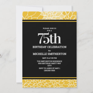 Invitation Fête d'anniversaire 75 ans Floral Blanc Jaune Noir