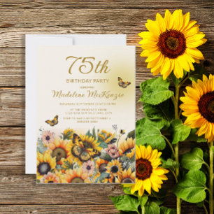 Invitation Fête d'anniversaire 75 ans Tournesols Papillons