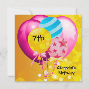 Invitation Fête d'anniversaire 7 ans Ballons Rose Jaune Bleu 