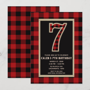 Invitation Fête d'anniversaire 7 ans Plaid Buffalo Rouge Noir