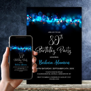 Invitation Fête d'anniversaire 80 ans Blue Bokeh Noir
