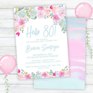 Invitation Fête d'anniversaire 80 ans Fleur Bleu Rose Pêche V
