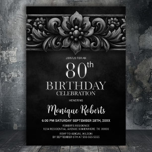 Invitation Fête d'anniversaire 80 ans Fleur Vintage Noir