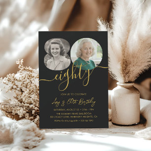 Invitation Fête d'anniversaire 80 ans Modern Black Gold 2 Pho