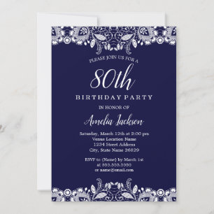 Invitation Fête d'anniversaire 80 ans Navy dentelle blanche v