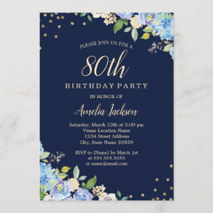 Invitation Fête d'anniversaire 80 ans Sparkle Floral Bleu