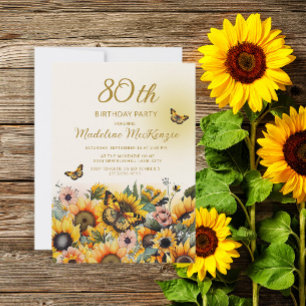 Invitation Fête d'anniversaire 80 ans Tournesols Papillons